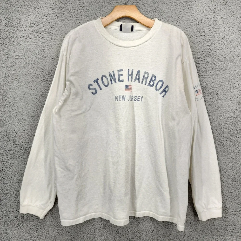Vintage Breezin Up Stone Harbor New Jersey Long Sleeve Shirt White Mens L USA